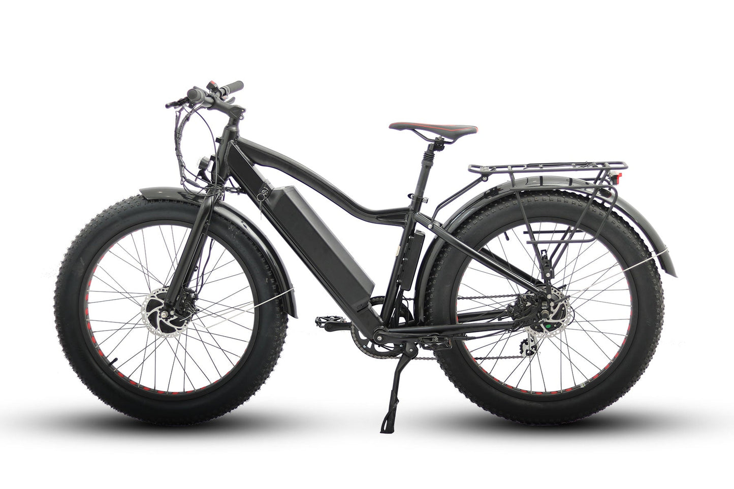 EUNORAU FAT-AWD Electric Bike with dual hub motor and fat tires. 48V/1000W motor and 48V/17.5Ah battery, as well as the high-strength aluminum alloy frame and 26 x 4-inch fat tires that provide exceptional traction and stability. The image also displays the Shimano 7-speed transmission system and hydraulic disc brakes, which provide powerful stopping power. Additionally, the integrated LED headlight and taillight of the EUNORAU FAT-AWD Electric Bike ensure visibility in low-light conditions.
