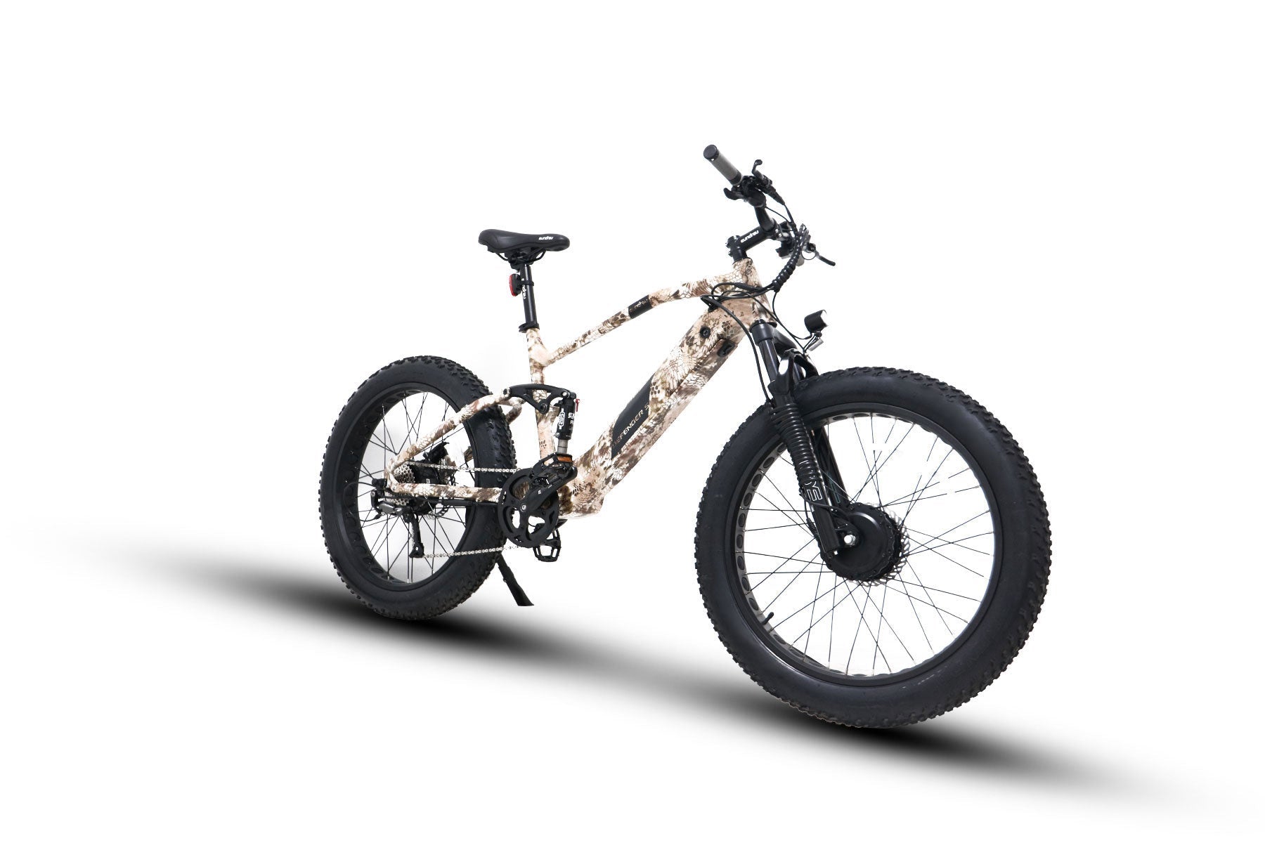 EUNORAU DEFENDER-S, the ultimate e-bike designed to conquer any terrain and weather condition with its dual suspension, dual motor, and dual battery system. With 1500 watts of power, EXA rear suspension and RST suspension fork provide maximum comfort and control, while the removable battery system, efficient brakes, and 9-speed freewheel offer unmatched convenience and safety. The LCD display shows battery life, speed, mileage, and pedal assist level, and the front light ensures safe night riding. 