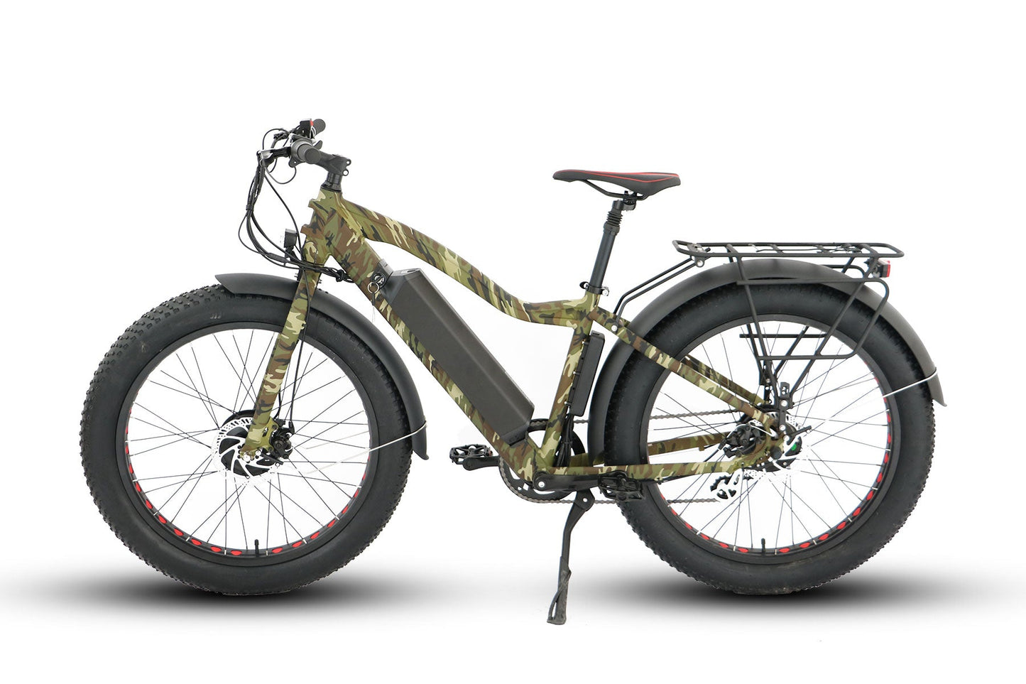 EUNORAU FAT-AWD Electric Bike with dual hub motor and fat tires. 48V/1000W motor and 48V/17.5Ah battery, as well as the high-strength aluminum alloy frame and 26 x 4-inch fat tires that provide exceptional traction and stability. The image also displays the Shimano 7-speed transmission system and hydraulic disc brakes, which provide powerful stopping power. Additionally, the integrated LED headlight and taillight of the EUNORAU FAT-AWD Electric Bike ensure visibility in low-light conditions.