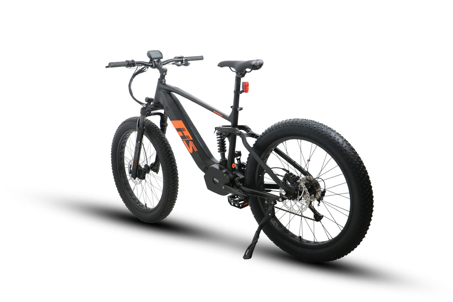 EUNORAU FAT-HS 26" Fat Tire 1000W E-Bike, with a powerful BAFANG M615 mid motor and cadence sensor for ultimate trail performance. The aluminum alloy frame comes with dual suspension, RST GUIDE 75mm travel fork, and KS-388L shock for a smooth ride. Enjoy an 80-mile range and quick 4-6 hour charging time with the 48V/17Ah SAMSUNG cell lithium-ion battery.