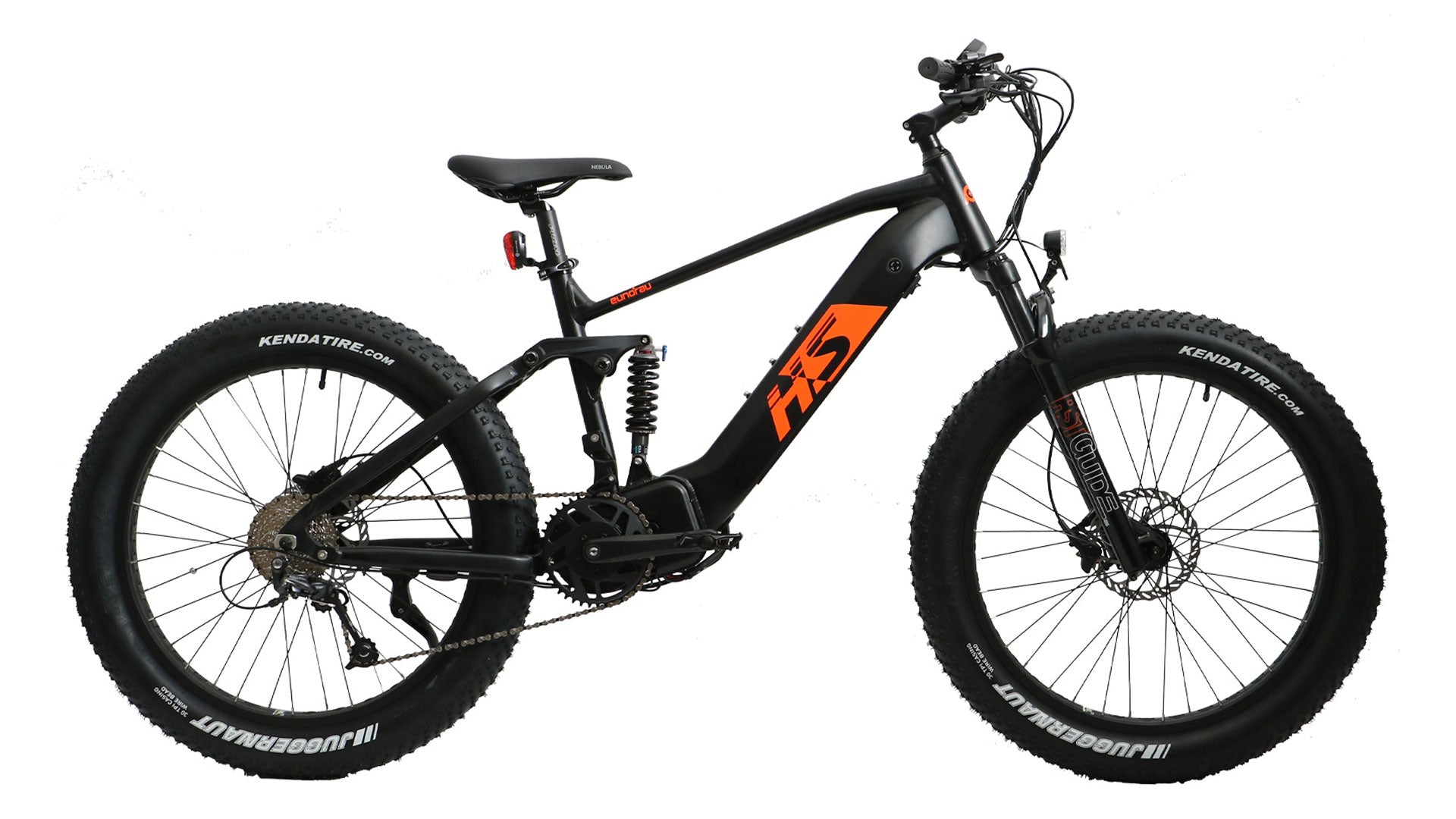 EUNORAU FAT-HS 26" Fat Tire 1000W E-Bike, with a powerful BAFANG M615 mid motor and cadence sensor for ultimate trail performance. The aluminum alloy frame comes with dual suspension, RST GUIDE 75mm travel fork, and KS-388L shock for a smooth ride. Enjoy an 80-mile range and quick 4-6 hour charging time with the 48V/17Ah SAMSUNG cell lithium-ion battery.